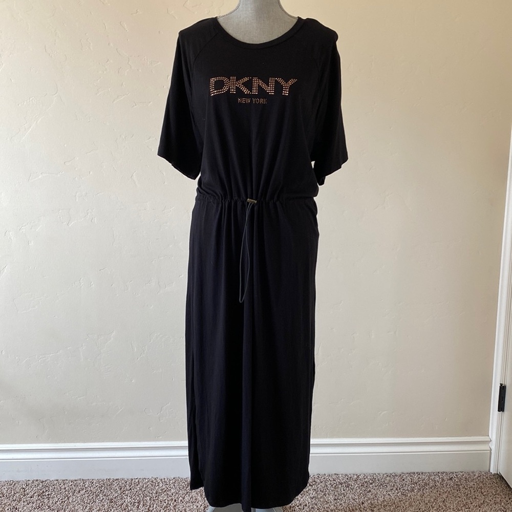 DKNY | Beaded Logo Drawstring Waist Cotton & Modal Midi Dress
